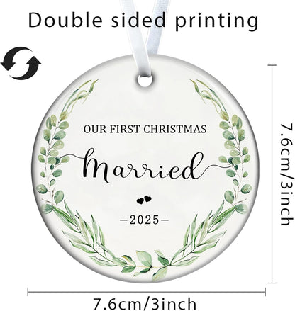 Christmas Ornaments 2025 Our First Christmas Married 2025 Ornament 1st Xmas Married Presents Newlywed Ornament Xmas Hanging Decor for Bridal Shower Wedding Gift 3 Inch Ceramic