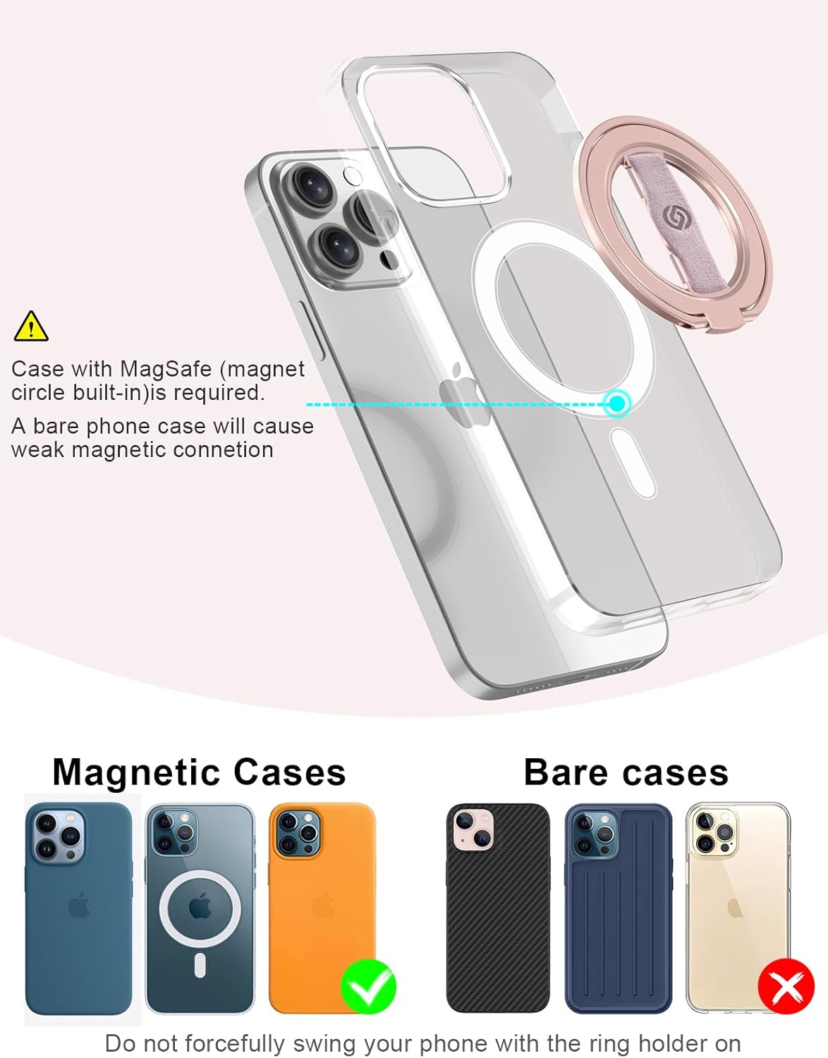 EWA MagOne 3rd Gen [Compatible with MagSafe] Phone Grip Stand with Finger Strap, Removable Magnetic Ring Holder Kickstand Loop for iPhone 16,15, 14, 13, 12 Series-(Pink)