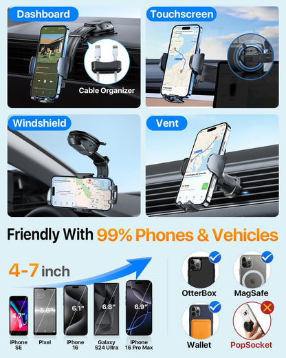 HTU Upgraded Strongest Suction Car Phone Holder Bendable Arm, Never Block View Rotatable Cellphone Mount for Dashboard Windshield Vent, Cradle Stand for iPhone 16 15 14 13 12 Pro Max (Red)