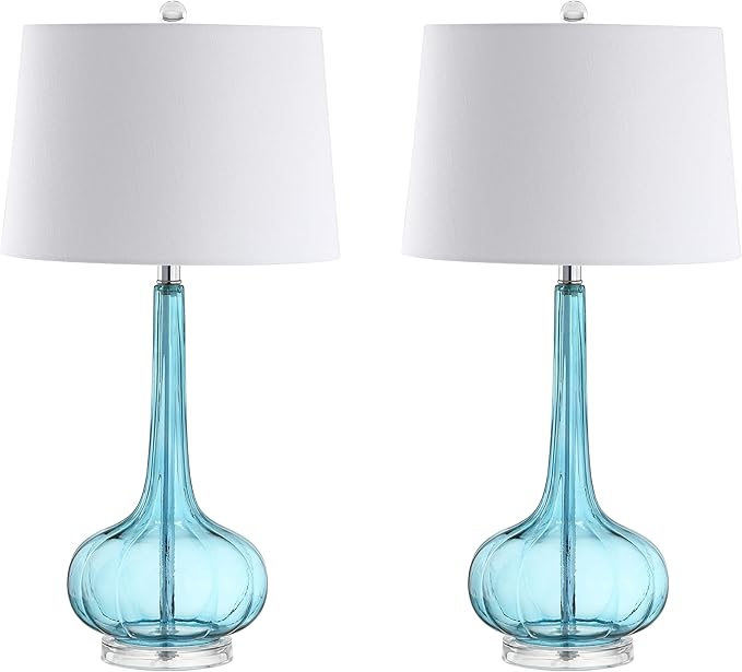 JONATHAN Y 28.5" Aqua Glass Teardrop LED Table Lamp Set of 2 for Living Room Bedroom Nightstand, White Linen Shade Modern Transitional Bedside Desk Lamp (JYL1079B-SET2)