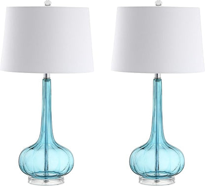 JONATHAN Y 28.5" Aqua Glass Teardrop LED Table Lamp Set of 2 for Living Room Bedroom Nightstand, White Linen Shade Modern Transitional Bedside Desk Lamp (JYL1079B-SET2)