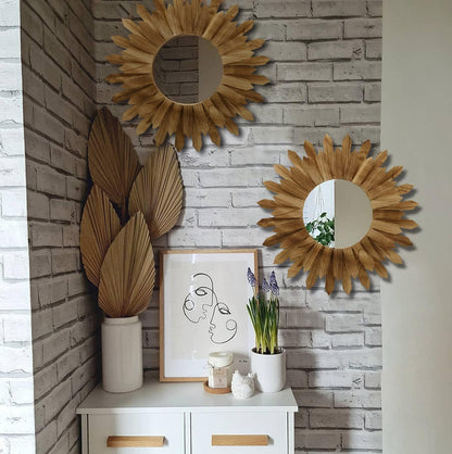 LOSOUR 2 Pack 22 Inch Boho Wall Sunburst Mirror Rustic Round Wood Decorative Mirror Boho Wall Art Decor for Entryway Bedroom Living Room