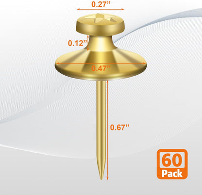KURUI 60-Pack Metal Push Pins for Wall Hanging Decor, Renter Friendly Hooks for Bedroom Office Gallery Dorm Home, Double Headed Thumb Tacks for Tapestry/Canvas/ Picture Frame/Art, Gold Picture Hangers