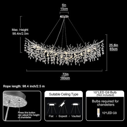 Modern Crystal Silver Chandelier,72" Large Rectangular Chandeliers for Dining Room, Tree Branch Crystal Lving Room Chandelier,Dining Room Over Table Chandelier,Fixture Height-Adjustable