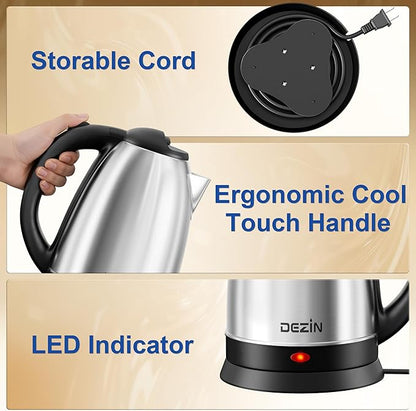 DEZIN Electric Kettle Upgraded, BPA Free 2L Stainless Steel Tea Kettle, Fast Boil Water Warmer with Auto Shut Off and Boil Dry Protection Tech for Coffee, Tea, Beverages