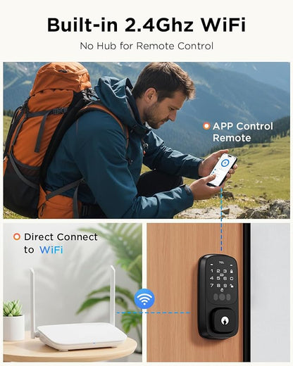 TCL Smart Lock D1 Pro, Palm Vein Recognition Door Lock with App Control, Keyless Entry Door Lock for Front Door, Wi-Fi Keypad Deadbolt, Compatible with Alexa & Google Assistant, Rechargeable Battery