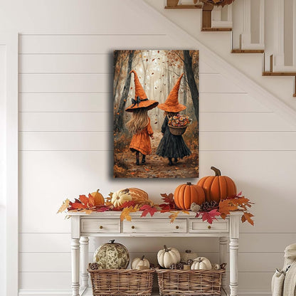 Fall Wall Art Witch Picture Decor,Little Girl Witch Halloween Wall Art, Vintage Autumn Whimsical Woodland Forest Picture, Family Room Nursery Playroom Children Room Decoration,16"x24" Framed