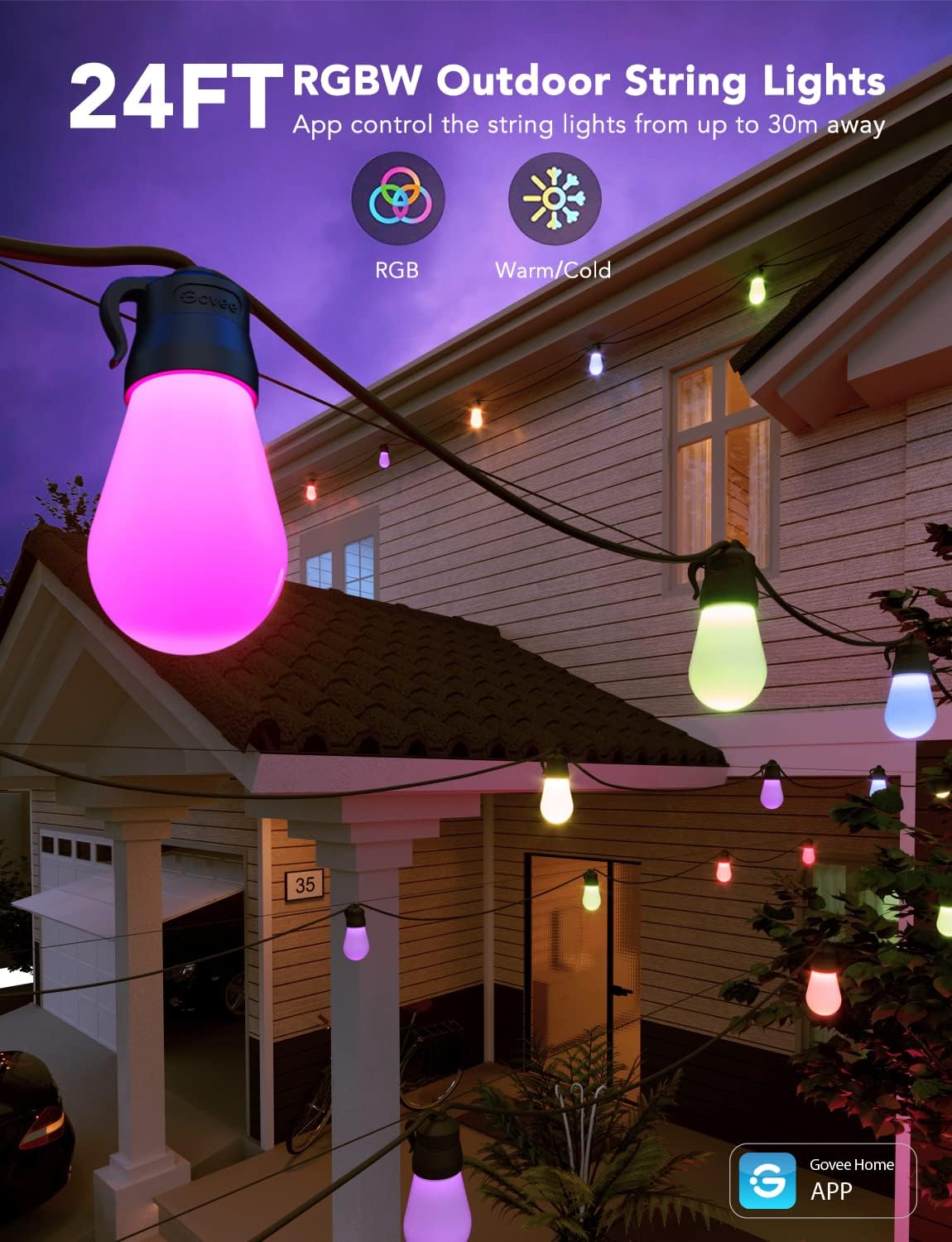 Govee Smart Outdoor String Lights H7029, 24ft RGBIC Outdoor Lights with 8 Dimmable LED Bulbs, IP65 Waterproof, Color Changing Warm White Lights with 47 Scene Modes for Patio, Backyard, App Control