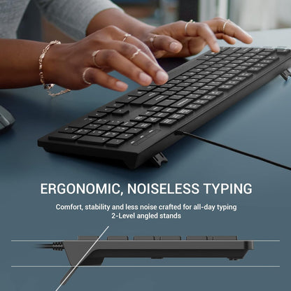 Computer Keyboard Wired, Plug Play USB Keyboard, Low Profile Chiclet Keys, Large Number Pad, Caps Indicators, Foldable Stands, Spill-Resistant, Anti-Wear Letters for PC Laptop (Black, 1-Pack)