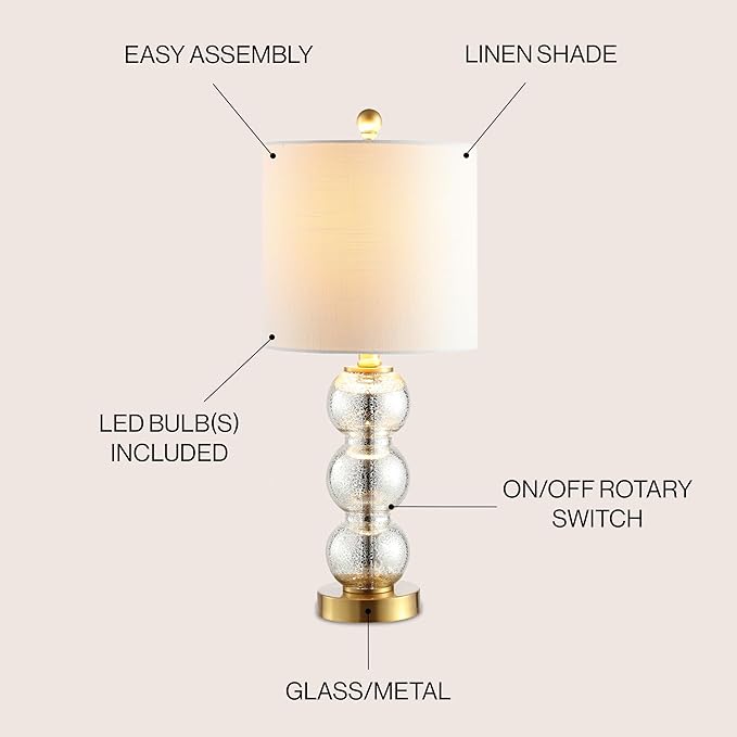 JONATHAN Y 21" Mercury Glass/Brass Gold Glass Table Lamp for Bedroom and Living Room, White Linen Shade, Modern Stacked Sphere Bedside Lamp, LED Bulb Included (JYL1021C)