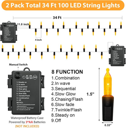 100 LED Orange Halloween Lights, 2 Pack 17FT Mini String Lights Battery Operated Orange Fairy Light 8 Modes Timer Waterproof for Indoor Outdoor Patio Tree Holiday Party Fall Halloween Decor