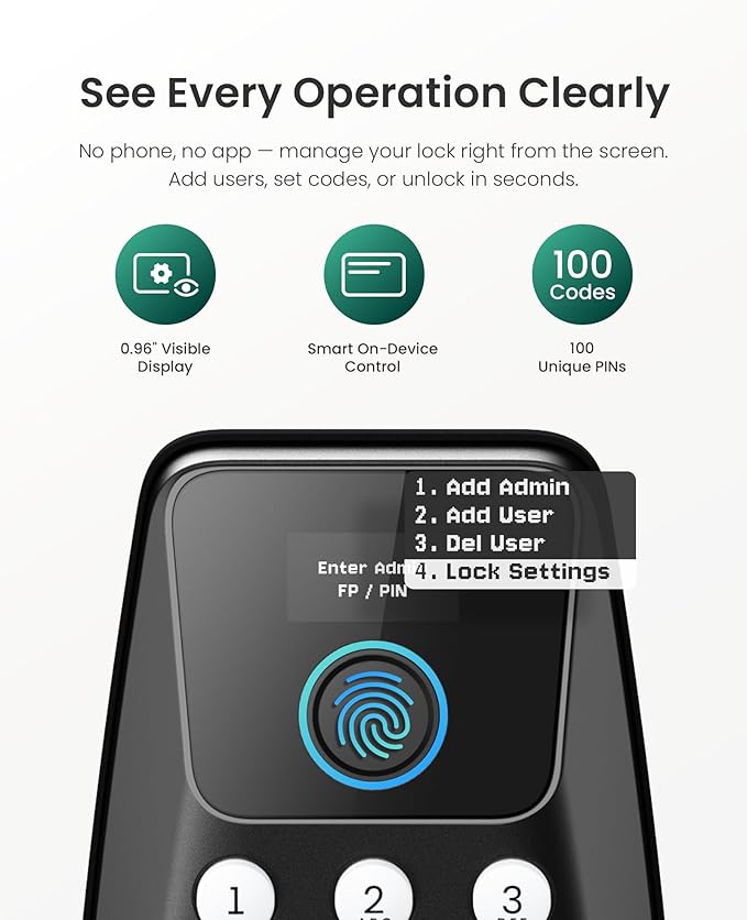 DESLOC C110 Fingerprint Keyless Entry Door Locks, Front Door Smart Lock Deadbolt with 2 Lever Handles, Auto-Lock, Backlit Keypad, 12 Months Battery, IP54 Waterproof, BHMA Grade 3 (Black)