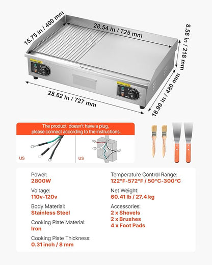 VEVOR Commercial Electric Griddle, 28.54 x 15.75 in, 2800W, 122-570°F Adjustable Temp Control, Stainless Steel, Half Grooved Half Flat, with 2 Spatulas, 2 Brushes, and 4 Foot Pads, for Steak(NO PLUG)