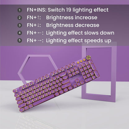 EWEADN V20 Typewriter Keyboard Wireless, 104 Keys Typewriter Style Mechanical with White Backlit, Media Knob, Pink Switch 2.4G/Bluetooth/USB-C Wired Retro Full Size Keyboard for Windows/Mac/PC-Purple