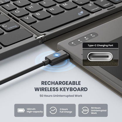 Foldable Bluetooth Keyboard with Large Touchpad, Numeric Keypad, PU Leather, Wireless Travel Keyboard for Windows, iOS, Android, Mac (Grey)