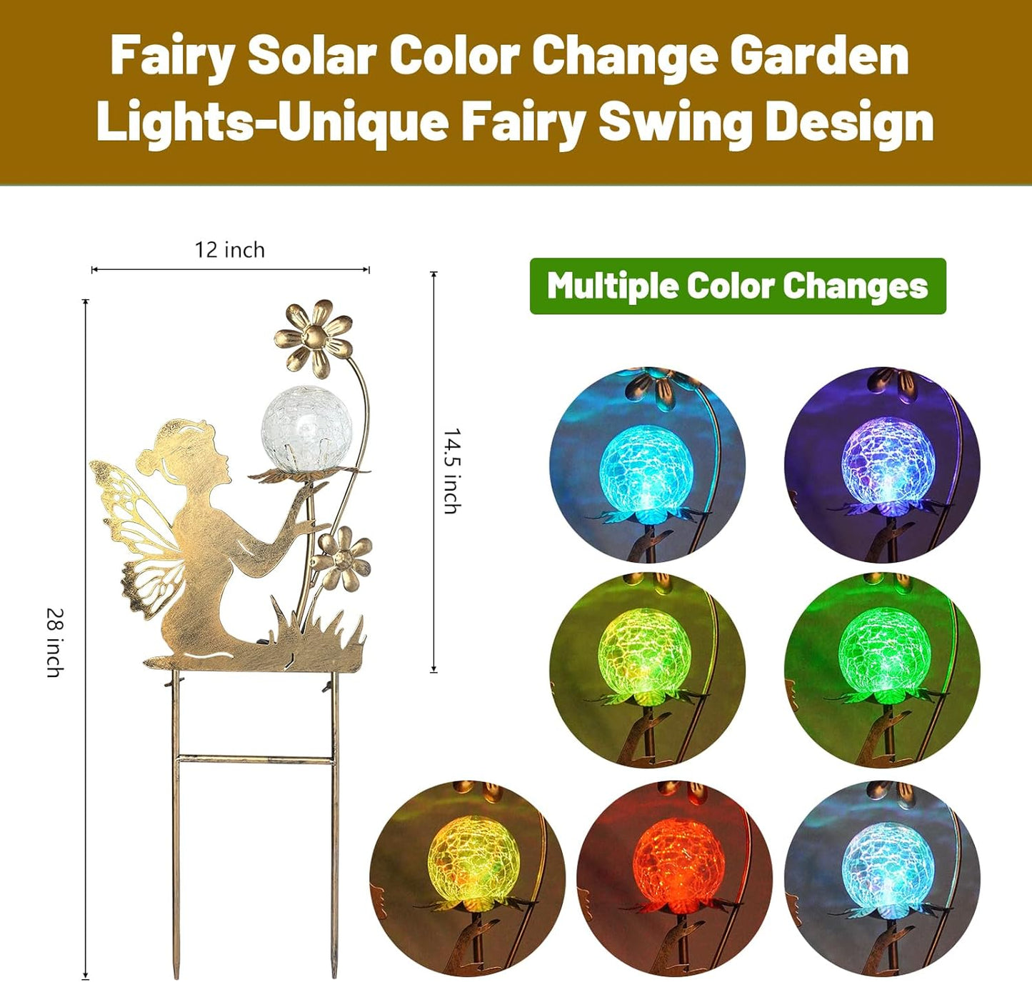 HONGLAND Solar Garden Lights Outdoor Decor, Fairy Figurine Moon Crackle Glass Lights Stake, Housewarming Ornament for Patio, Lawn, Yard, Pathway - Unique Gardening Gifts for Women Mom Grandma