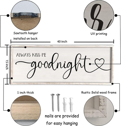 flowtorely Always Kiss Me Goodnight Wall Sign For Master Bedroom Above Bed Wall Decor 40''×15'' Large Rustic Solid Wood Frame For Farmhouse Couples Above bed Wall Art Decoration (White)