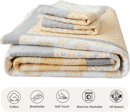 PANGUSHAN Quilt Set Queen Size,100% Cotton Queen Quilt Bedding Set Bedspread,Patchwork Yellow/Gray(Grey) Floral Reversible Quilt Set for Queen Bed,Lightweight Comforter Bed Spread,3 Pieces