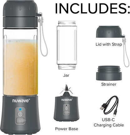 Nuwave Portable Blender for Shakes and Smoothies, On-the-GO Personal Blender with USB-C Rechargeable, 6-Piece-Blade for Crushing Ice, BPA Free 16 Oz Tritan Jar for Travel, Office and Sports