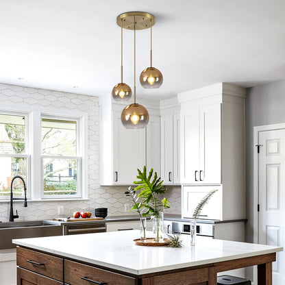KCO Lighting Gold Cluster Pendant 3-Light Large Glass Pendant Lights Kitchen Island Bubble Globe Chandelier Mid Century Modern Hanging Light