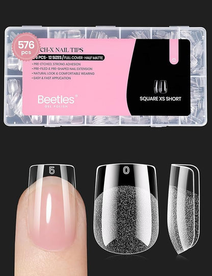 Beetles Short Square Nail Tips: 576PCS 12 Sizes XS Short Square Half Matte Clear False Acrylic Press on Nails Tips Pre-shape Full Cover Nail Tips Nail Extension DIY