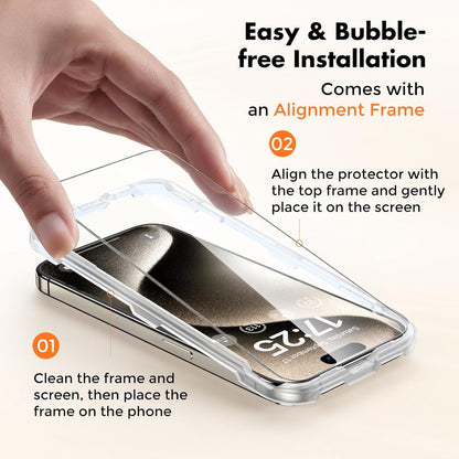 UNBREAKcable Shatterproof Tempered Glass Screen Protector for iPhone 15 Pro [3-Pack] [Easy Installation Frame] [9H Hardness] [99.99% HD Clear][Bubble Free] for Apple 6.1”
