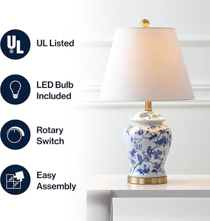 JONATHAN Y 22" Blue/White Ceramic Table Lamp, French Country Chinoiserie Ginger Jar LED Bedside Lamp for Living Room Bedroom, White Linen Shade, JYL3005A