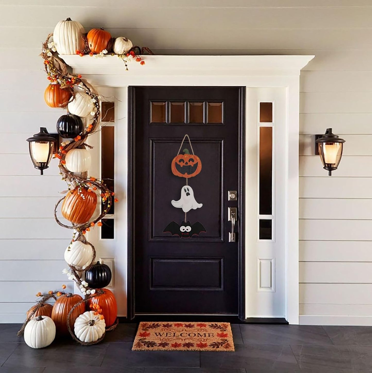 Halloween Cute Hanging Wall Plaque Sign Wall Art Plaques Decoration with Pumpkin Ghost Bat Pattern 3 Pieces Wooden Wreaths Plaques for Front Door Home Outdoor Yard Art