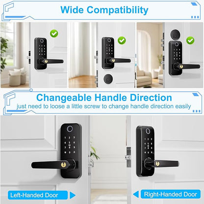 Keyless Entry Fingerprint Smart Door Lock with Handle,Digital Electronic Lock with Touchscreen Keypad,Electric Door Knob for Exterior Interior Entry/Bedroom Front Doors,Built-in WiFi