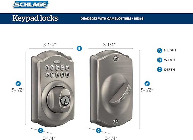 Schlage BE365 CAM 505 Camelot Keypad Deadbolt, Electronic Keyless Entry Lock, Bright Brass