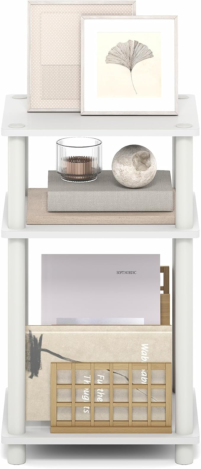 Furinno Turn-N-Tube Side Table, 3-Tier End Table with Open Shelf, Toolless Assembly Night Stand, Bedside Table, for Living Room, Bedroom, White