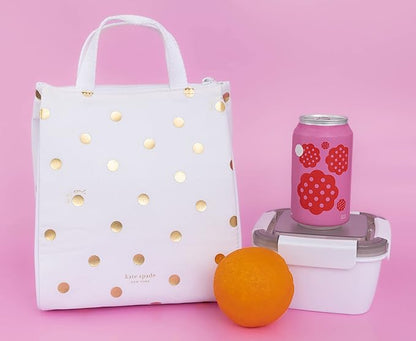 kate spade new york Portable Soft Cooler Lunch Bag, Thermal Tote with Insulated Interior Lining and Storage Pocket, Lunch Tote for Women, Gold Dot with Script