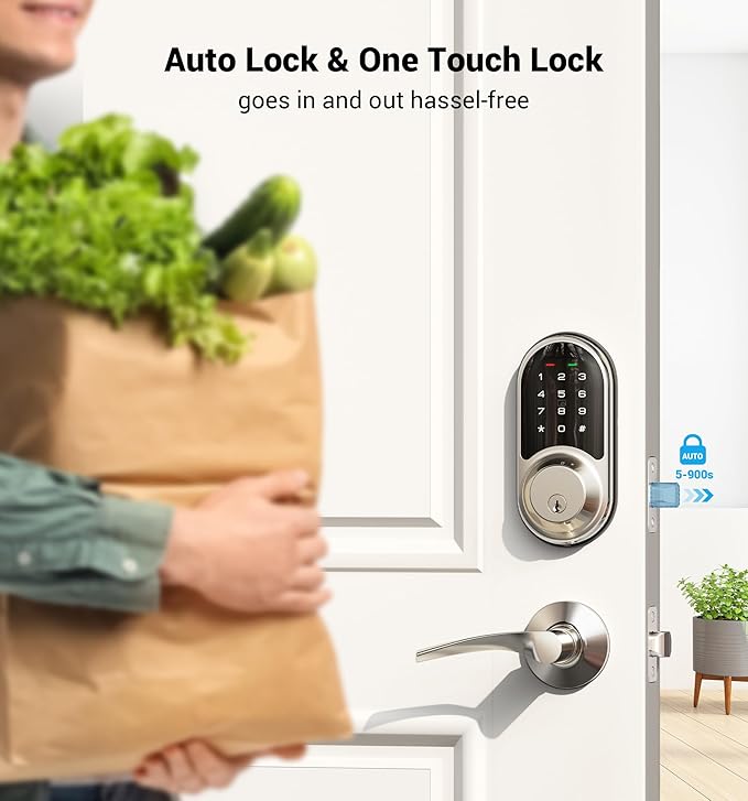 Veise RZ06B Smart Lock for Front Door, 2 Lever Handle Set, Keyless Entry Deadbolt, App Control, Electronic Digital Touchscreen Keypad, Auto Lock, IP54 Waterproof, Easy Installation, Satin Nickel