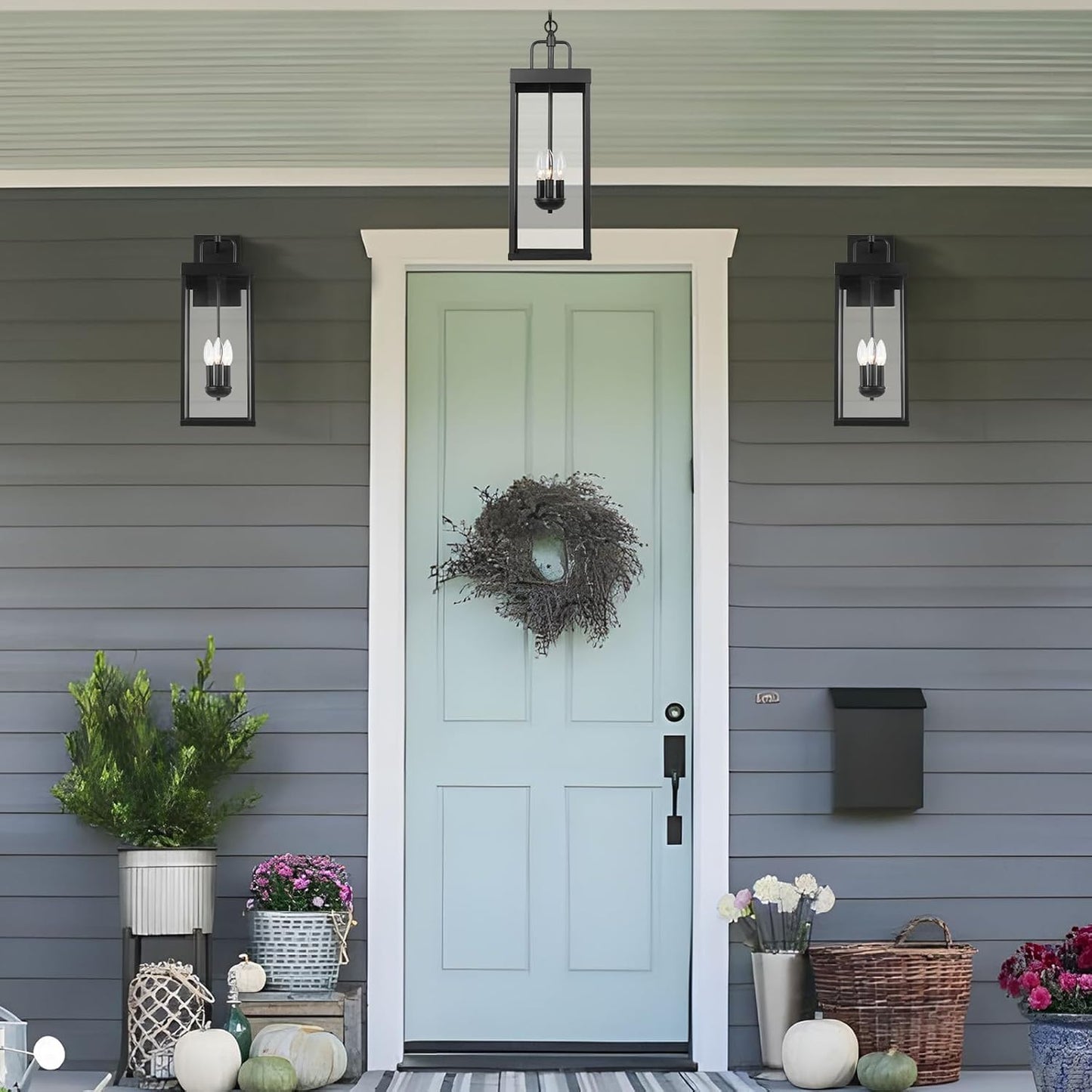 Large Outdoor Pendant Lantern Light Fixture for Front Porch, 24 Inch 3-Light Black Exterior Hanging Chandelier with Clear Glass, Outdoor Indoor Pendant Lamp for Patio, Gazebo, Entryway, Doorway