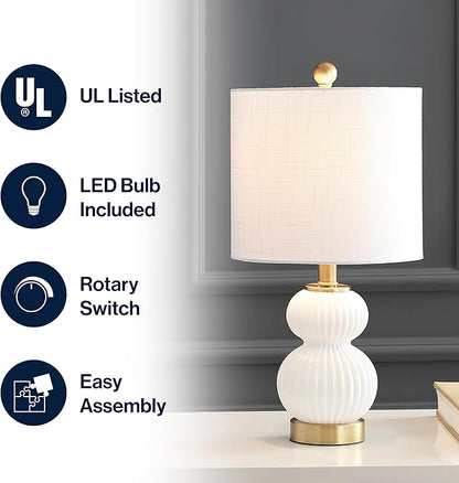JONATHAN Y 20" White/Brass Gold Ribbed Gourd Glass Table Lamp, Modern Bedside Lamp for Bedroom Living Room, White Linen Drum Shade, LED Bulb Included JYL1099A