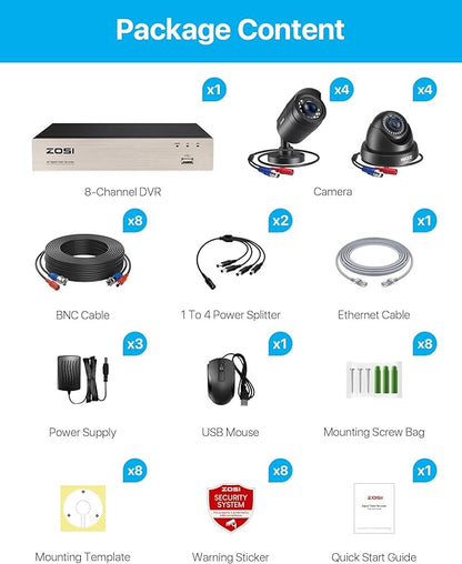 ZOSI 8CH 3K Lite Security Camera System with AI Human Vehicle Detection, 8 x 1920TVL Weatherproof Home Outdoor Cameras, 80ft Night Vision, Remote Access, H.265+ 8 Channel Video DVR, NO Hard Drive