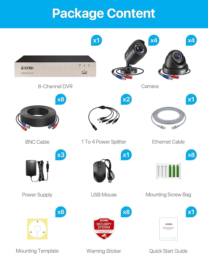 ZOSI 8CH 3K Lite Security Camera System Outdoor with 2TB Hard Drive, AI Human/Vehicle Detection, Night Vision, 8Channel CCTV Home DVR and 8pcs 1080P HD Weatherproof Surveillance Cameras