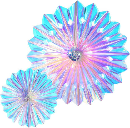 Iridescent Hanging Decorations Round Foil Decorative Folding Fans Rainbow Shine Party Ornaments for Bridal Shower Wedding Birthday Frozen Theme Party Decorations