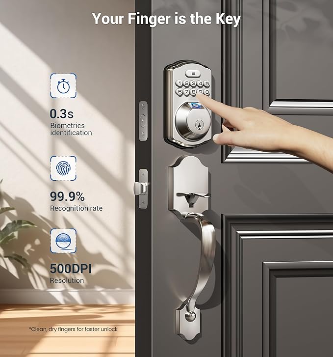 Veise Fingerprint Door Lock Set, Keyless Entry Door Lock, Front Handle Set, Electronic Keypad Deadbolt with Lever Handle, 2 Keys, Auto-Locking, One-time Codes, Easy to Install, Satin Nickel