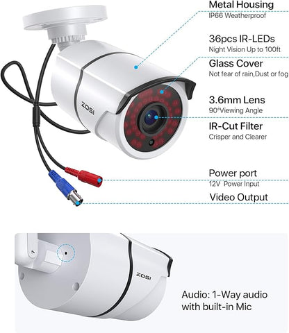 ZOSI 4 Pack 1080P 2MP HD-TVI Security Cameras with Audio, 100ft Night Vision, IP66 Weatherproof, Home Surveillance Outdoor Indoor CCTV Bullet Camera for 1080P/5MP/4K HD-TVI Analog DVR Systems