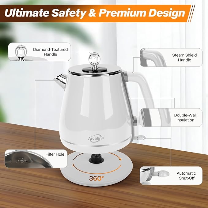 Retro Electric Kettle 1.8L, All Stainless Steel Hot Water Electric Kettle for Boiling Water, BPA Free Tea Kettle, 1350W Fast Boil, Auto Shut Off & Boil-Dry Protection