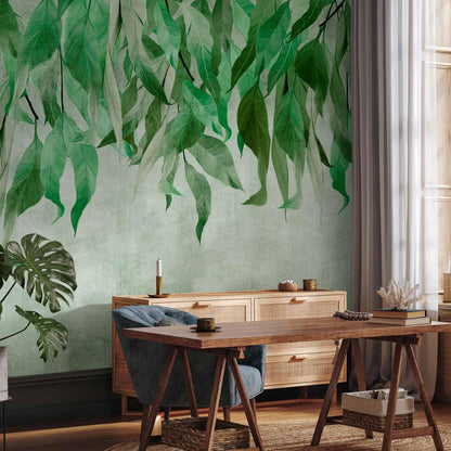 artgeist Wall Mural Hanging Leaves 98x69 in - Non-Woven Wallpaper Fleece Wall Decor Photo Print Picture Image Design Nature Botanical Concrete Green Like Painted b-C-10146-a-a
