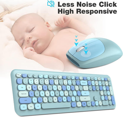 KNOWSQT Wireless Keyboard and Mouse Combo, Pale Blue Full-Sized 2.4G Silent Keycap Colorful Keyboards, USB Dongle Plug Play, for Laptop, Windows, PC, Computer, Desktop