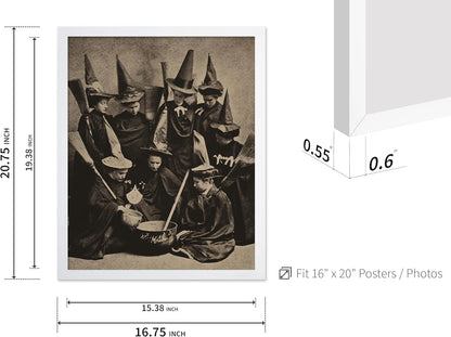 Poster Master Vintage Photograph Poster - Retro Halloween Print - Gift for Artist, Friend - Witches Cooking, Pointy Hats, Broomsticks, Black Magic - Wall Decor for Bedroom, 16x20 White Framed