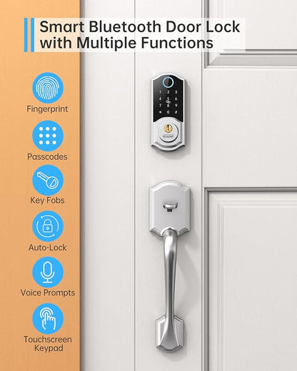 Smart Front Door Lock Set: SMONET Keyless Entry Door Lock with Handle, Front Handle Set Fingerprint Smart Deadbolt Bluetooth Electronic Digital Keypad, Alexa Unlock Silver