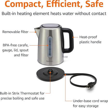 Amazon Basics Electric Stainless Steel Kettle for Tea and Coffee, BPA-Free, Fast Boiling, Auto Shut-Off, Boil-Dry Protection, 1.7 Liter, 1500W, Black and Silver