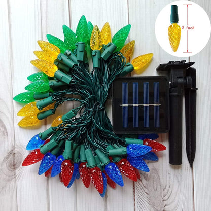 Solar Christmas Lights Outdoor C6 Strawberry String Lights, LED Christmas Fairy Lights 50 LEDs Solar Operated Rechargeable Garden Lights for Christmas Tree, Holiday, Arbor Decor (Multicolor, 8 Modes)