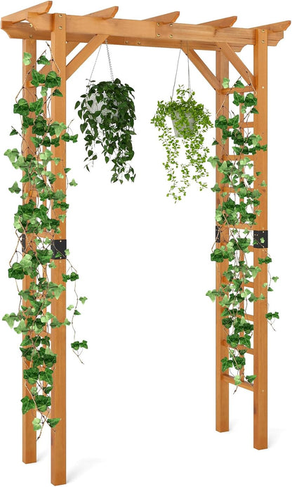 Giantex 7FT Wood Garden Arbor Trellis, Wooden Wedding Arch for Ceremony Party, Outdoor Archway Pergola for Climbing Plants, Pathway, Yard, Garden Decor, Easy Assembly (Honey Brown, 55''W x 85''H)