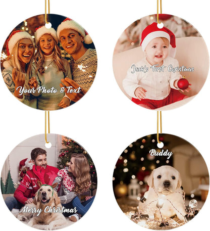 Personalized Christmas Ornaments 4 Pack - Custom Picture & Text Ornaments for Christmas 2022, Customized Ceramic Xmas Tree Decor for Kids, Mom, Dad, Friends, Loves, Pet, Dog, Cat by Bemaystar