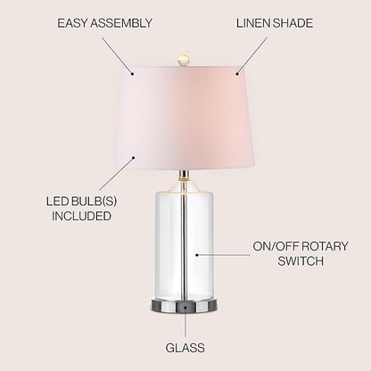 JONATHAN Y 25" Clear Glass and Chrome LED Table Lamp, Modern Coastal Bedside Lamp with White Linen Drum Shade for Living Room, Farmhouse Decor, LED Bulb Included JYL1018A